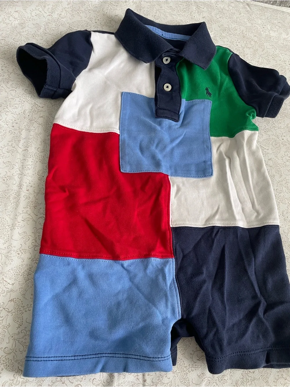 Ralph Lauren Polo Romper Kids 24M Patchwork Colorblock Short Sleeve Pony Logo